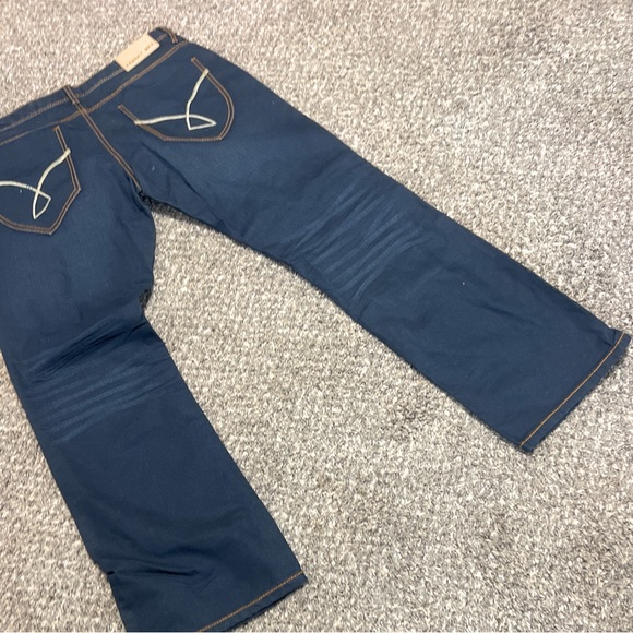 Y2K Franky Max Jeans Mens 38x32 Dark Wash Blue Denim Waxed Cotton Stretch Zip - Picture 3 of 8